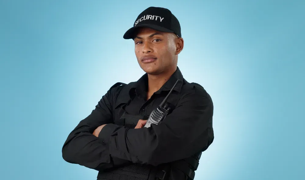 security guard in uniform against a blue backdrop